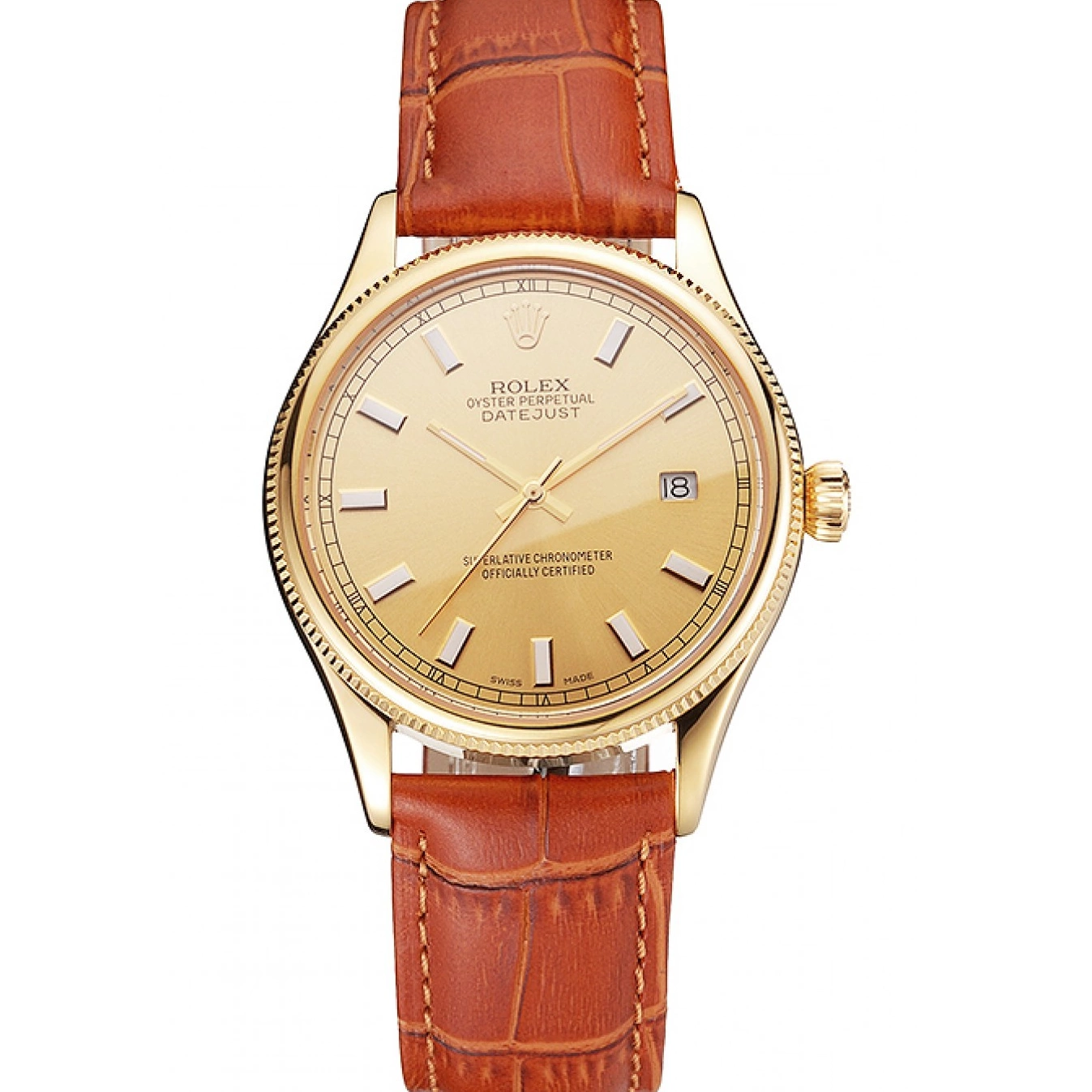 Aaa replica watch Gold Swiss Case Light Gold Leather Datejust Rolex Brown Dial Strap 0818